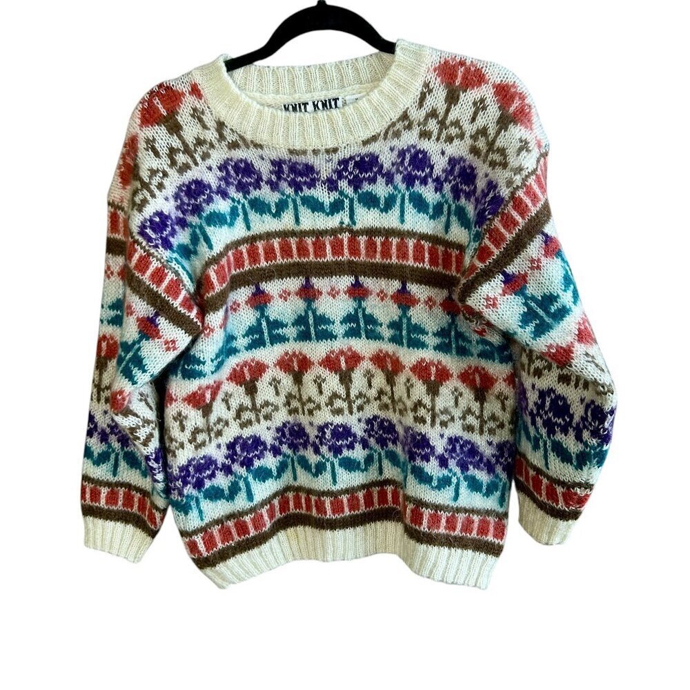 Vintage 90s Aztec Floral Print Mohair Blend Crewneck Sweater Knit Knit